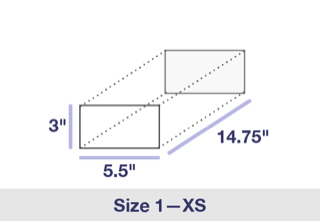 Image of the Extra Small PO Box, Size 1, dimensions: 3 inches high, 5.5 inches wide, 14.75 inches deep.